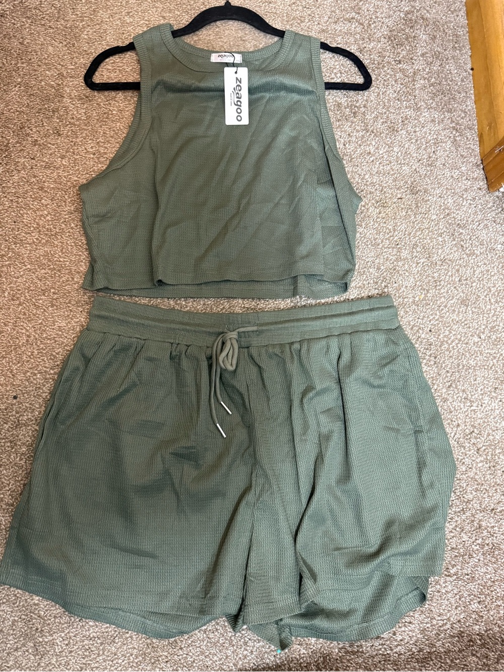 NWT Zeagoo 2 Piece Lounge Set XXL Sage Green Waffle Knit Tank & Shorts